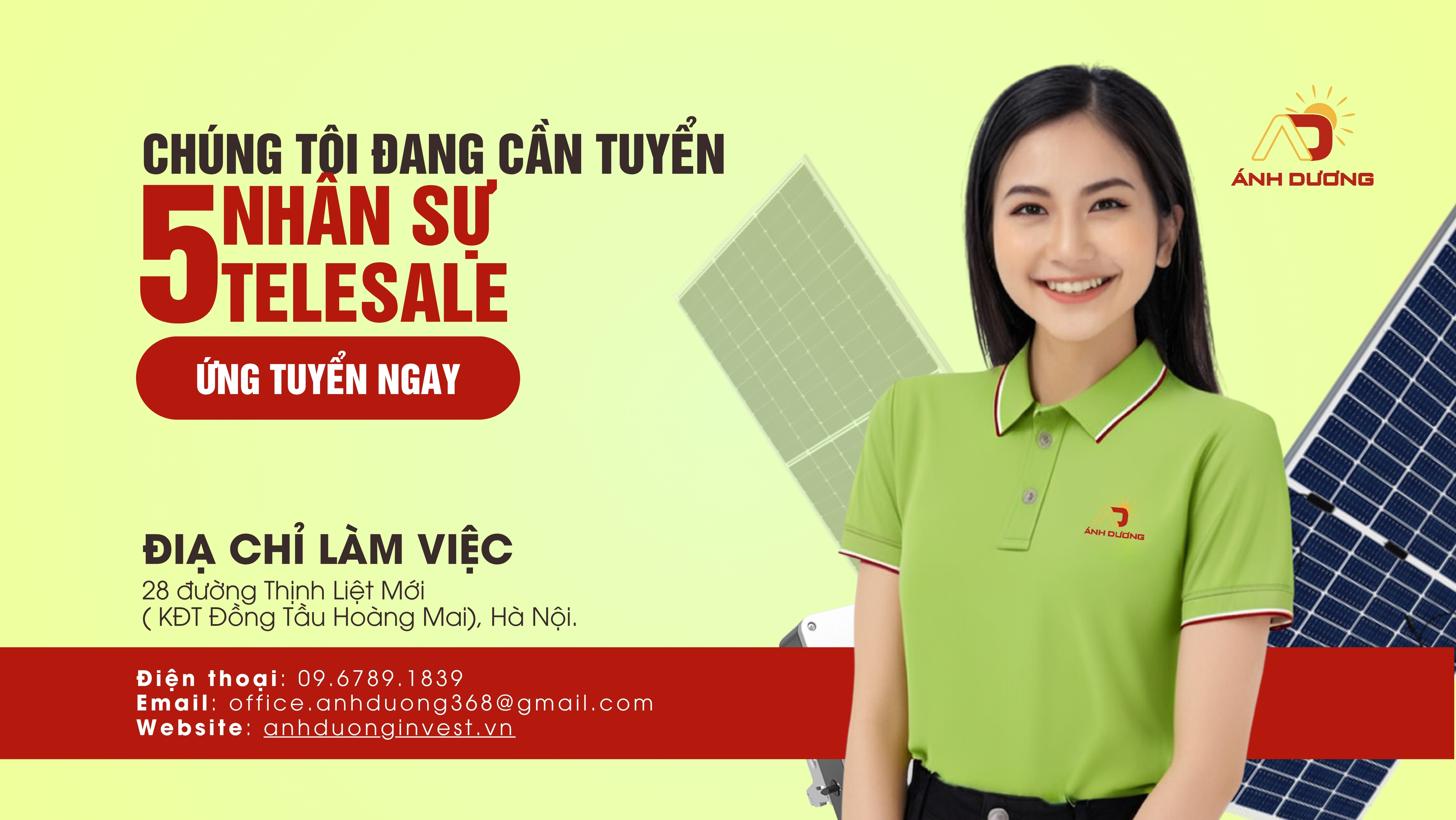 Tuyển dụng Telesale tại Hà Nội – Cơ hội gia nhập đội ngũ Điện mặt trời Ánh Dương